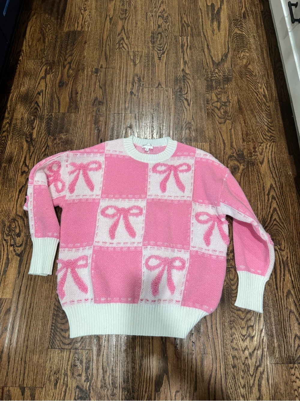 Love Pink & White Bow-Check Crewneck Sweater